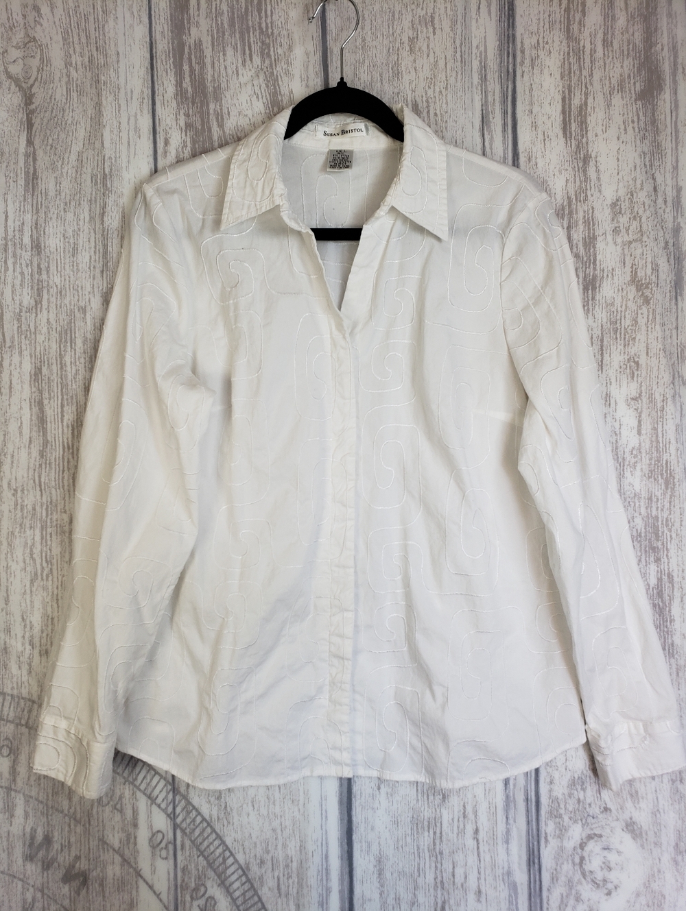 Vtg Susan Bristol White Long-SlV Geometric Embroidered Button Blouse Large C27